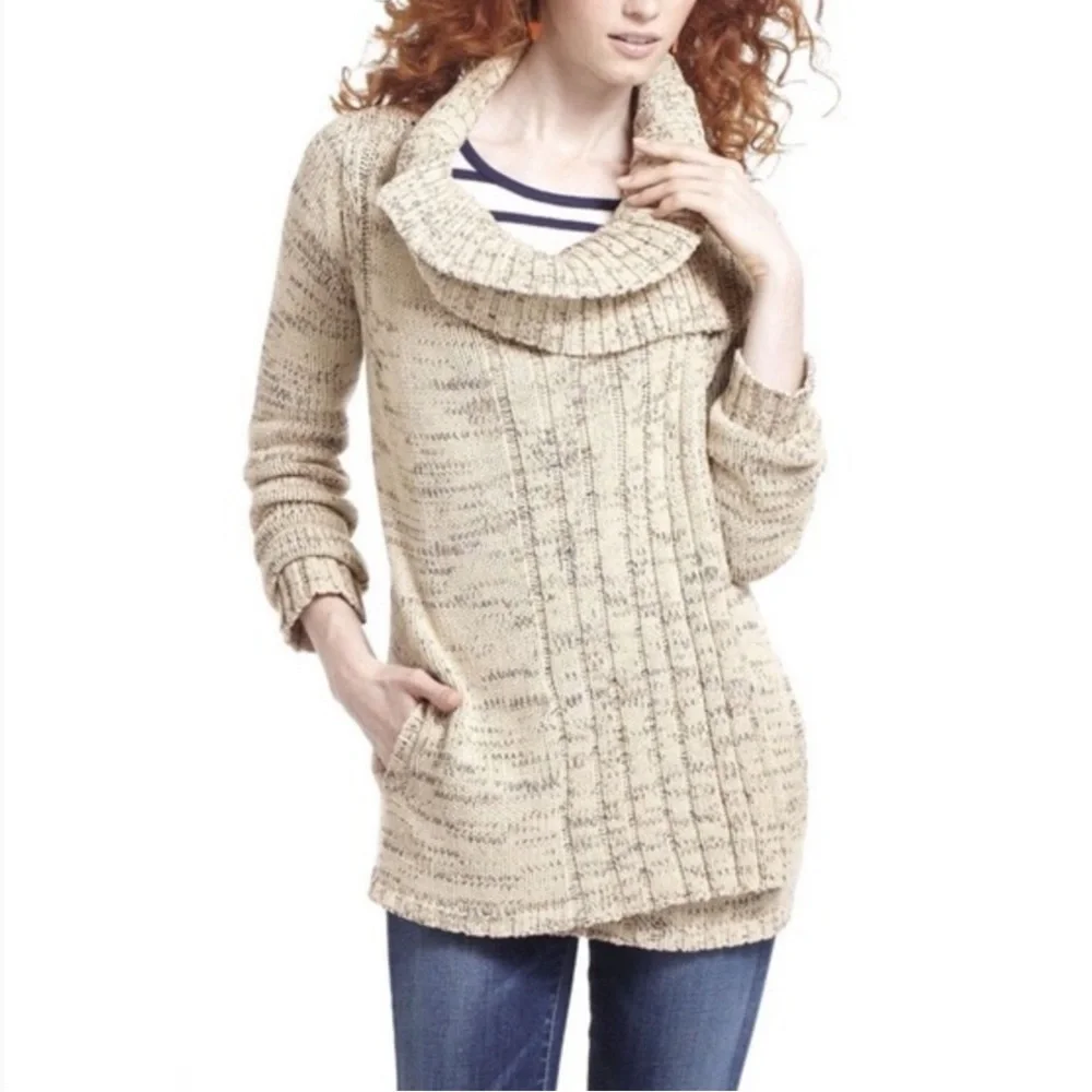 ANTHROPOLOGIE Little Yellow Bird Cardigan Sweater Marled Tan Brown Large